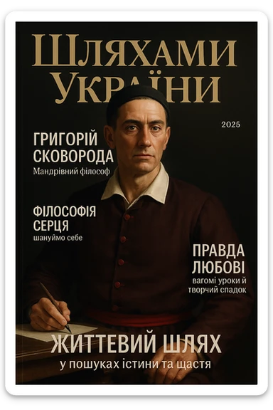 Create a glamorous, ultra-realistic magazine cover titled "Шляхами України".
The cover features Princess Olga from the downloaded image.
The cover design should be bright with elegant typography.
Add the title: "Григорій Сковорода", the subtitle: "Мандрівний філософ", and the release date: "2025".
Include additional subheadings and a well-thought-out layout.
Premium lighting, dramatic shadows, rich colour correction, glossy paper texture, minimalist background, focus on the character and typography in the spirit of glossy publications. sticker