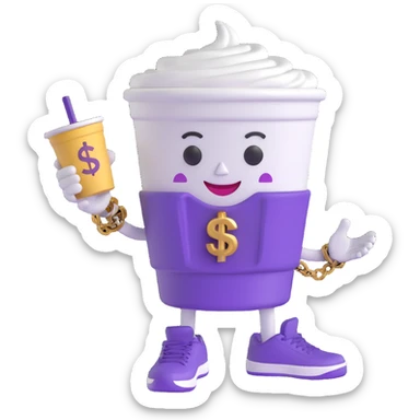 Edit the 3D cartoon character of a white Styrofoam cup with a friendly face, arms, gold chain with dollar sign, and purple Jordan sneakers. Change the swirl portion at the top of the cup to purple while keeping the rest of the character the same. No background. sticker