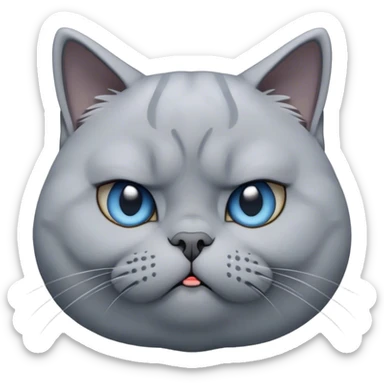 Cinematic Comical Grey British Shorthair Cat Portrait Emoji, Head tilted with a scrunched, grumpy expression, sleek soft grey fur with subtle blue undertones, Simplified yet sharp features, highly detailed, glowing with a slightly sarcastic glow, high shine, poised but with a comically displeased demeanor, stylized with an air of playful disdain, focused yet unimpressed, soft glowing outline, capturing the essence of a grumpy yet endearing kitty, so lifelike it feels like it could give you an exaggerated sigh and a disapproving stare at any moment! sticker