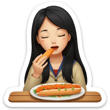 Girl black long hair eat kimchi close eyes baguette sticker