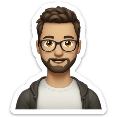 guy with clear glasses and earring in left ear, dark eyes, short brown hair with a fringe, large lips, pale skin and beard sticker