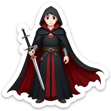 A lone swordsman in a flowing black cloak, standing under a blood-red moon sticker