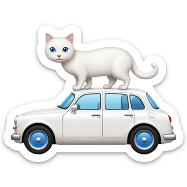 Please create a small emoji the size of 🚗 featuring a pure white cat with blue eyes on a white saloon car viewed from side. Again it is necessary that the emoji must be extremely small, much smaller than a standard sized sticker. sticker