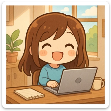Add a laptop on the desk in front of the chibi character, maintaining the cheerful scene. sticker