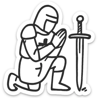 Christian knight kneeling in prayer, sword planted in the ground, hand drawn outline style sticker