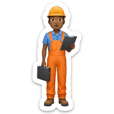 Indian male railway engineer orange overalls, boots holding a clipboard view from rear sticker