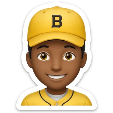 A man with dark skin tone, wearing a bright yellow baseball cap, short black hair mostly covered by the cap, large brown eyes, and a wide smile. sticker