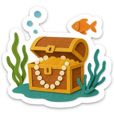 treasure chest underwater with pearls, seaweed, and fish, layered paper effect in paper-craft style sticker