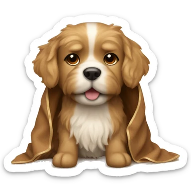 a fluffy light brown dog with a bow in a blanket sticker