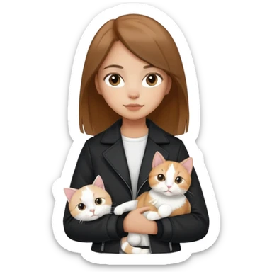 Light-skinned girl with brown straight hair wearing a black jacket, holding one completely white cat and one calico cat sticker