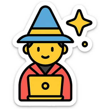 color outline icon of a tech wizard with a laptop and magic sparkles sticker
