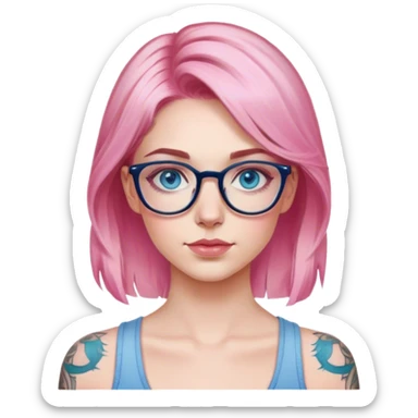 Hyper Realistic edgy model, pale woman, pink balayage hair, blue eyes and glasses, shoulder tattoo  sticker