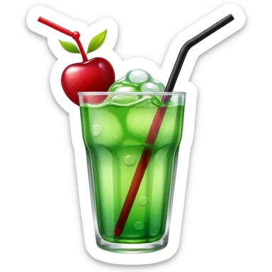 Create an emoji with a clear rounded glass, bright transparent green soda with fine bubbles, a smooth vanilla scoop, a glossy red cherry, and a black straw, using vibrant colors, soft shading, and clear glass highlights.
 sticker