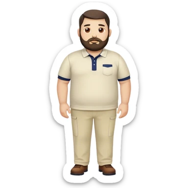 big man with medium size body a short full beard and short hair, dark hair light skin and chubby face with shaped beard. i like to wear polo shirt with creme pants, no chans no, ring no accesories sticker