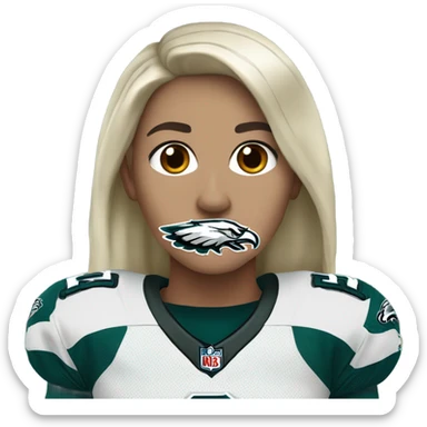 White female long dark hair red lips wearing Philadelphia Eagles jersey sticker