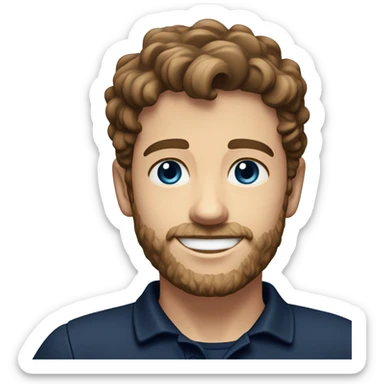 young man with short, curly brown hair and a trimmed beard. He has blue eyes and a fair complexion. He is smiling softly and is wearing a dark navy blue polo shirt with white buttons. sticker