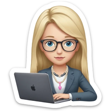 Please take the girl with laptop emoji and make her glassess light brown, her eyes ocean blue and her nose a bit smaller and pointier and she has blonde very long hair and a dark grey suit and pearls necklace, and has a laptop in fron of her and a tiny pink bow on the left side of her head sticker