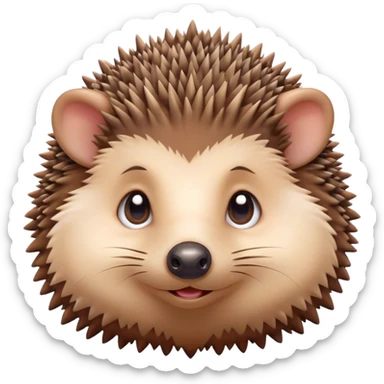 Cinematic Cute Hedgehog Portrait Emoji, Head tilted playfully and inquisitively, featuring a fluffy, spiky brown Fur with an irresistibly cute, round face and tiny ears, round, sparkling eyes filled with curious wonder, Simplified yet irresistibly adorable features, highly detailed, glowing with a warm, friendly glow, high shine, affectionate and quirky, stylized with a touch of woodland whimsy, bright and endearing, soft glowing outline, capturing the essence of a mischievous yet loving hedgehog, so playful it feels like it could roll out of the screen and into your arms! sticker