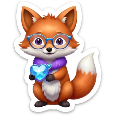A small magical fox with shimmering purple and blue fur, a glowing fluffy tail, a silver star on its forehead, and round glasses, holding a tiny magical lantern, hugging a big red heart and smiling warmly. 🦊❤️ sticker