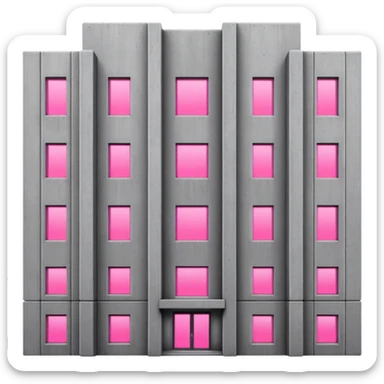 Gray concrete panel building with multiple regular windows and just one pink glowing window, brutalist architecture sticker