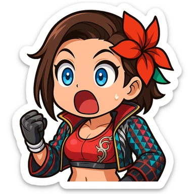 Azucena from Tekken 8 in chibi sticker style, shocked expression with wide eyes and mouth open, wearing the detailed red and patterned outfit from the reference images, designed for Twitch emote use. sticker