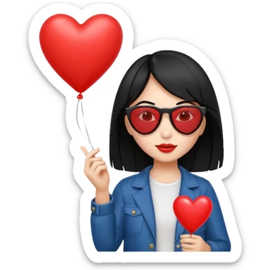black hair girl with sun glasses holding red heart balloon sticker