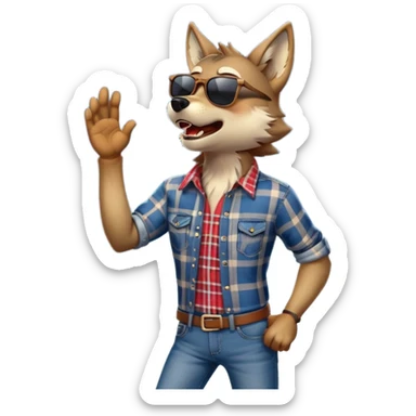 friendly anthropomorphised wolf in jeans and plaid shirt, wearing dark sunglasses, howling with the moon in the background, dynamic pose sticker