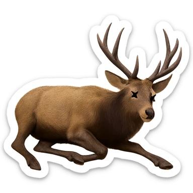 Make the elk appear dead, lying on its side with cartoon X's for eyes, no blood, keep the exact same photorealistic style and details, transparent background. sticker