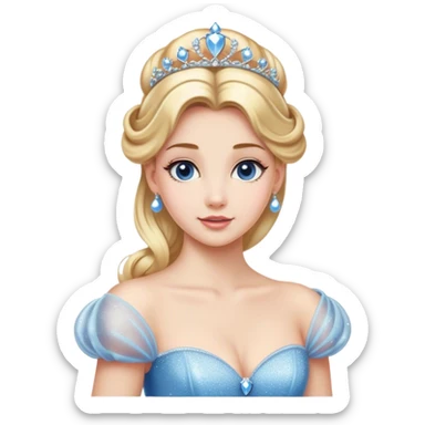 Cinematic Majestic Cinderella Portrait Emoji, rendered in a realistic, vector-style with clean, bold shapes. Depict Cinderella with a refined, noble expression, her fair skin luminous and her long blonde hair styled in an elegant updo, adorned with a delicate tiara. Her attire is a simple, sparkling ball gown that radiates soft pastel hues, glowing with a soft, majestic light and a subtle glowing outline, epitomizing classic royal beauty. sticker