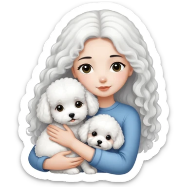 A girl with long straight black hair hugs a white curly-haired Bichon Frise puppy sticker