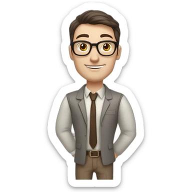 Pale skinned fit man with dark brown hair in gray jacket, beige office shirt, brown tie, brown pants and vintage glasses Writing on the flipchart sticker