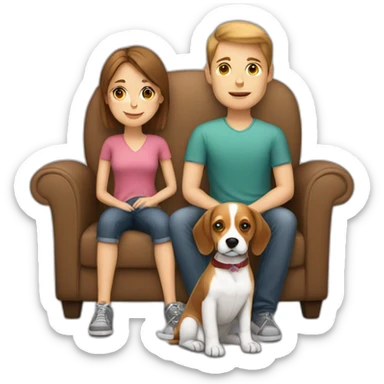 Brown hair White boy and girl with beagle Sit on couch sticker