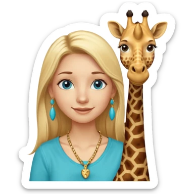 Swedish girl blonde long straigt hair blue eyes turqoise shirt gold earings, girrafe necklace gold small, very long lashes smiling closed mouth,  sticker