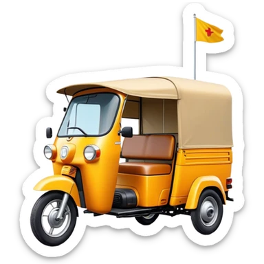 Cinematic Realistic Tuk Tuk Emoji, depicted as a vibrant iconic three-wheeled vehicle with bold colors and a compact design, rendered with crisp textures and dynamic urban lighting that captures its quintessential Thai charm. sticker