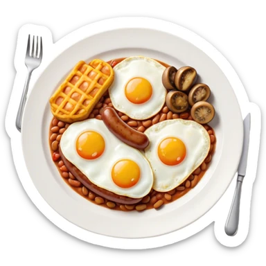 English Breakfast Cinematic Realistic English Breakfast Dish Emoji, depicted as a hearty plate featuring 2 sizzling sausages, a central serving of baked beans, 2 perfectly fried eggs, 2 sliced grilled tomatoes, 2 grilled mushrooms, and a triangle-shaped hash brown, rendered with vivid textures and warm, inviting lighting. sticker
