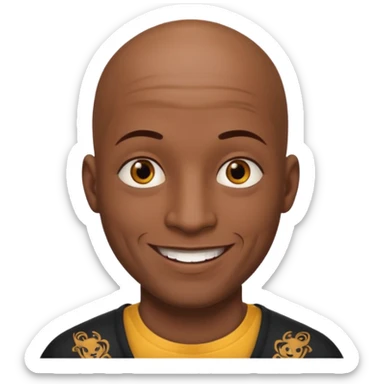 This is a cartoon-style avatar of a bald man with dark skin, golden-brown eyes, and facial tattoos, smiling with a friendly expression. sticker