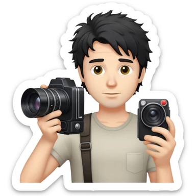 a white man with black messy hair holding a foto camera sticker