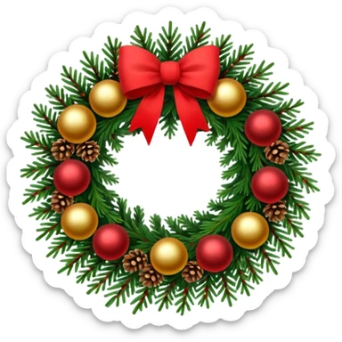 A Christmas wreath made entirely of fir trees, decorated with a single red bow at the bottom, pine cones, and Christmas tree balls. sticker