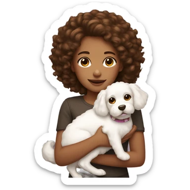Girl with brown eyes and brown curly hair holding fluffy white dog  sticker
