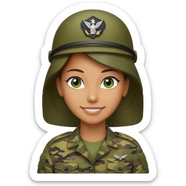 Apple-style emoji: female soldier, bust, no cap/helmet, friendly smile, generic camo top,  sticker
