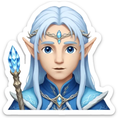 Legendary fantasy Christmas elf portrait icon, Santa Claus and Snow Maiden inspired, ancient winter spirit style, long flowing white-blue hair, glowing frost eyes, crystal staff, elegant elven features, divine winter magic aura, icy silver color palette, highly detailed but clean emoji icon male sticker