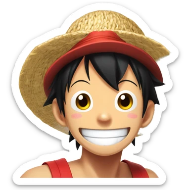 Monkey D LUFFY, Young guy with black hair in a red tank top, wearing a round straw hat with a  red ribbon is making an extremely goofy silly face with a huge smile sticker