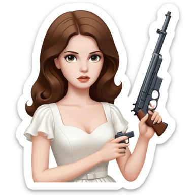 Lana Del Rey in a white dress with a gun  sticker