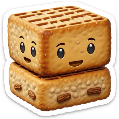 Cinematic Realistic Tempeh Dish Emoji, showcasing fermented soy cake cooked to a crispy finish rendered with lifelike textures and warm, inviting lighting. sticker