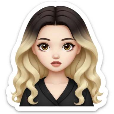 pale skin, girly bratz ASIAN vietnam baddie, beautiful dark brown eyes, pretty makeup, long black to blond ombré wavy hair sticker