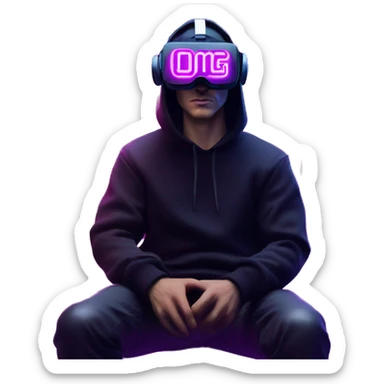 Russian man wearing a black hoodie with "OMG" letters on it and VR headset in a cyberpunk VR environment with violet neon lighting. sticker