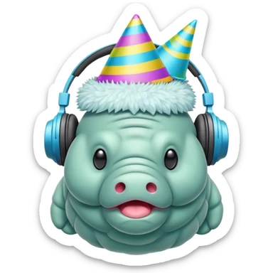 microscopic tardigrade wearing headphones and a party hat sticker