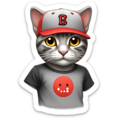 A cat standing up wearing a red and black squared shirt, and wearing a light grey Snapback cap sticker