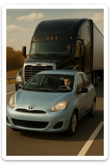 Remove the year 2026 from the black truck, add a visible person inside the car in front, keep the truck black and the rest of the scene the same. sticker