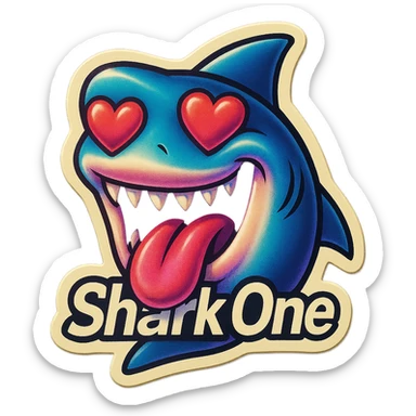 mouth open with tongue out heart shaped eye add the words “ Shark One " in White sticker